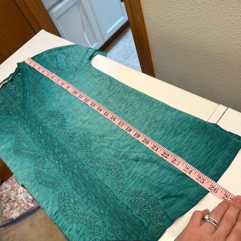 Soft Surroundings Teal Eyelet Knit Boho V-cut Quarter Sleeves Top Women's sz S - Picture 7 of 10